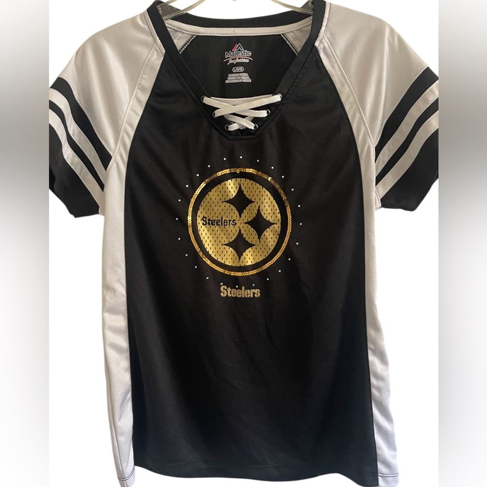 Majestic Pittsburg Steelers Women’s Black White & Gold Lace-Up Top Size Large